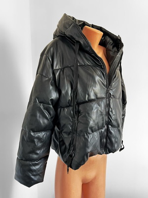 Winter leather jacket used, black, sizes S to L, thick with large hood