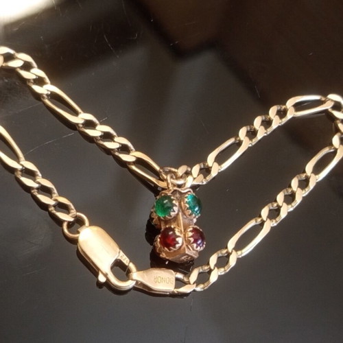 Hand Chain 14k Gold Unisex Used with Decorative Lantern and Colored Stones