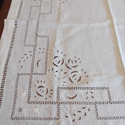 Handmade white large cutwork tablecloth 1x1 French linen