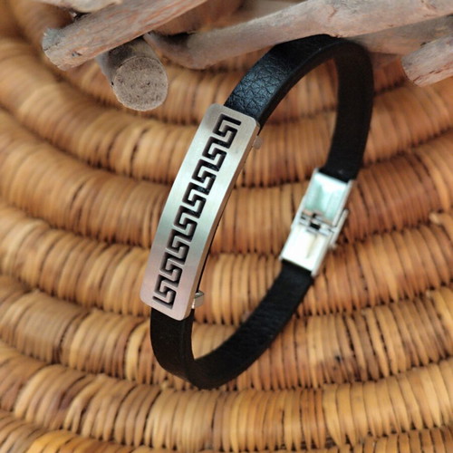 Men's leather bracelet with stainless steel meander new with tags