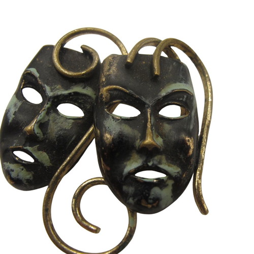 Vintage brass brooch with comedy and tragedy masks, 1950–1960