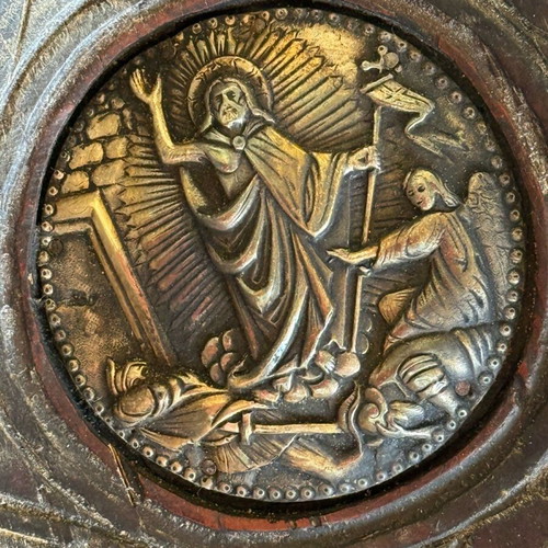 Handmade wooden trough with Orthodox icon used