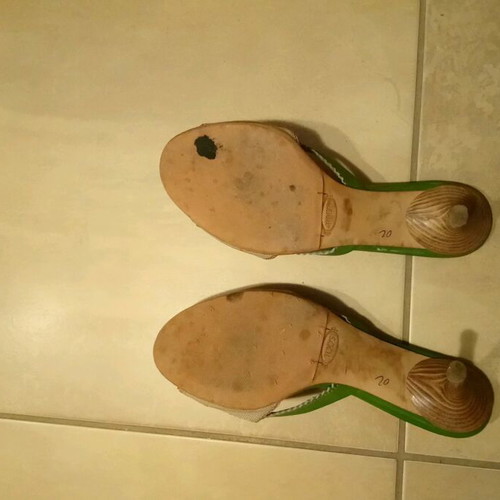 Tod's sandals used, beige and green with wooden heel, size 36.5