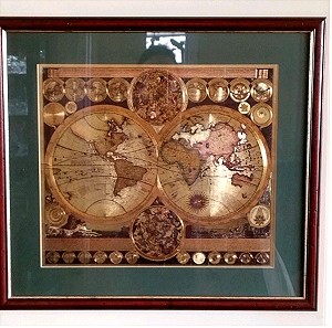 vintage κάδρο επιχρυσωμένο αρχαίοι χάρτες του κόσμου. Adam Friedrich Zorner 1700