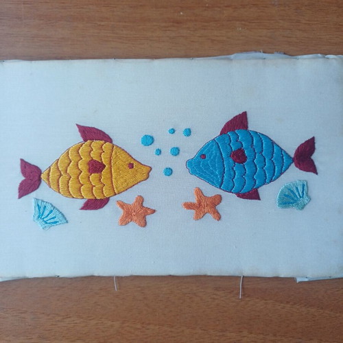 Handmade vintage embroidery with fish, like new