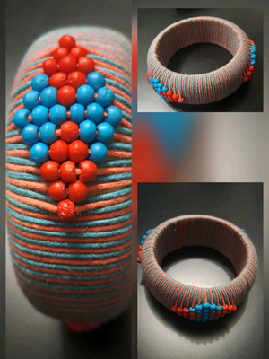 Handmade Ethnic Bangle used with beadwork in turquoise and orange