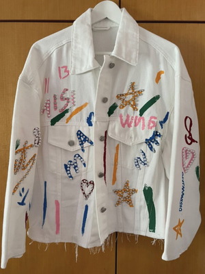 Rock jean jacket white multicolor like new, size XXXL