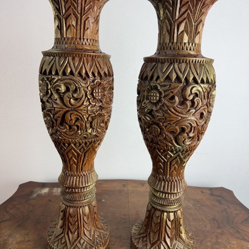 Wooden vases with gold platinum used, set of 2, 53 cm height