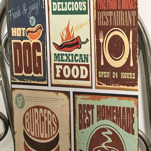 Vintage Metal Tin Sign Fast Food with Hot Dog, Burger, Pizza & Mexican Food used