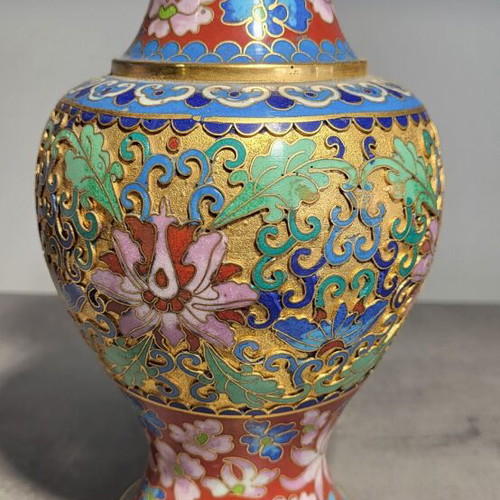 Handmade Cloisonne Vase like new with bronze floral designs