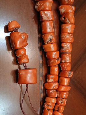 Coral worry beads used, 38 beads, raw coral