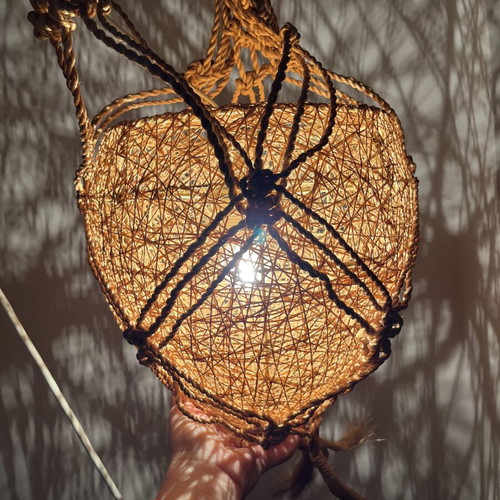 Vintage φωτιστικό οροφής Μακραμέ 122cm σαν καινούργιο, ώχρα μουσταρδί