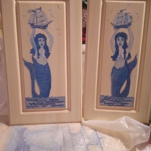 Two decorative wall panels new hand-painted with mermaids