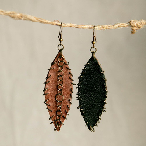 Handmade leather earrings two-tone new, Greek craftsmanship