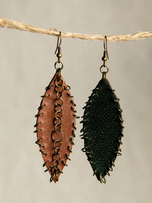 Handmade leather earrings two-tone new, Greek craftsmanship