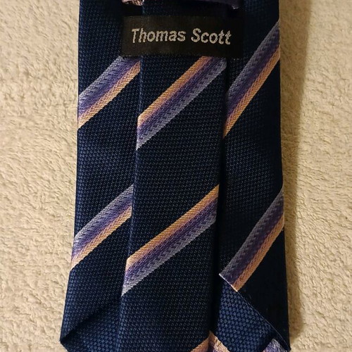 Thomas Scott men's tie new, dark blue with pink and purple stripes, 100% silk