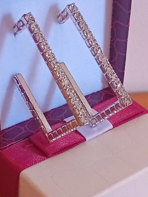 Rectangular silver hoop earrings with rhinestones, like new