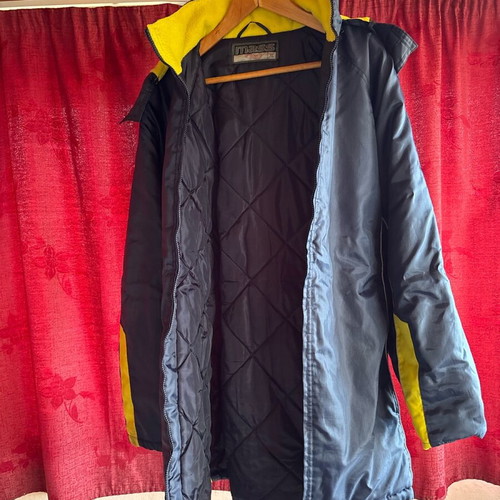 Mass jacket XL used for very cold weather with fleece hood blue and yellow