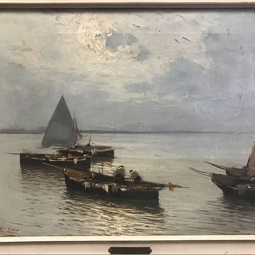 Oil painting by Arnaldo De Lisio landscape with boats like new