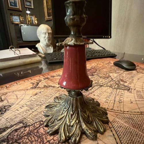 Vintage metal baroque candlestick with burgundy decoration like new