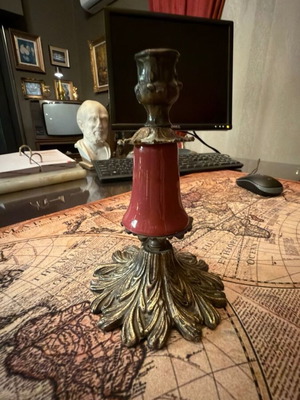 Vintage metal baroque candlestick with burgundy decoration like new
