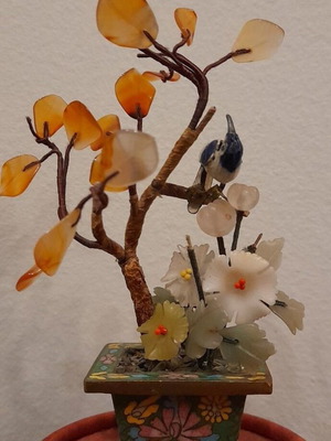 Summer Discount Vintage Tree with Semi-Precious Stones & Enamel Bird on Cloisonné Base