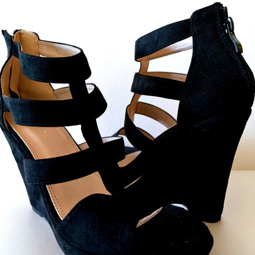 Platform sandals new, black, velvet texture with straps