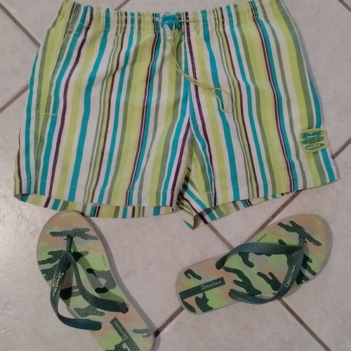 Boys' summer set used, striped swim shorts and Ipanema flip-flops