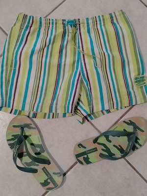 Boys' summer set used, striped swim shorts and Ipanema flip-flops