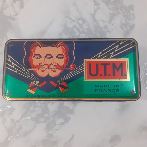 Vintage U.T.M. metal box used, French 1960s lighter stones