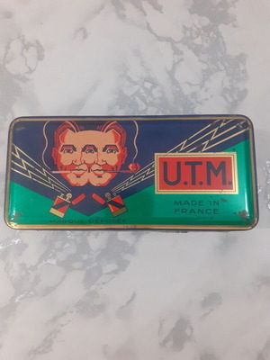 Vintage U.T.M. metal box used, French 1960s lighter stones