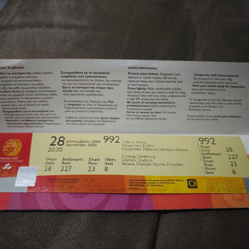 Closing ceremony ticket Paralympic Games 2004 new