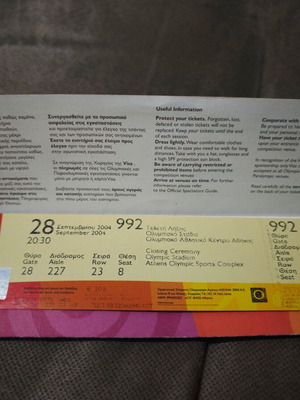 Closing ceremony ticket Paralympic Games 2004 new