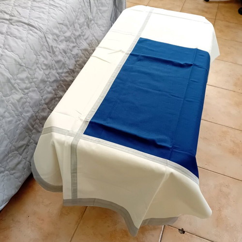 Tablecloth new cotton white with silver stripes and blue spots