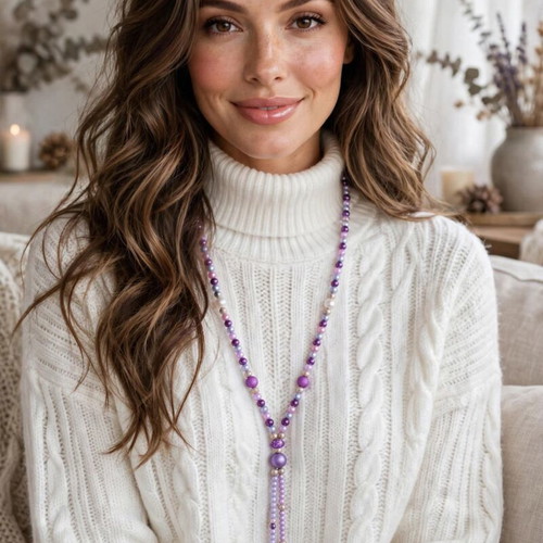 Handmade purple,pink beaded Long necklace and earrings set