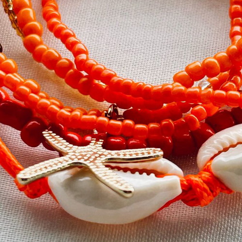 Set of 7 Boho Bracelets new with Shells and Starfish Orange