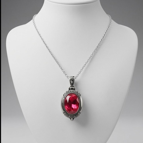 Gothic Locket Box Pendant with Red Crystal and Carved Branches, New