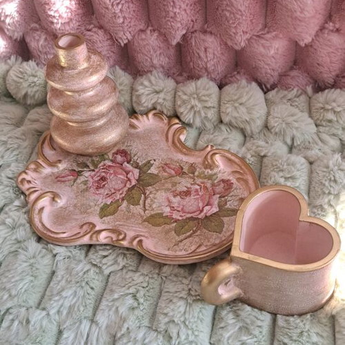 Custom-made gypsum ceramic set with vase, heart-shaped cup, and tray