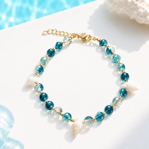 Handmade Ocean Waters Summer Bracelet with Crystal Beads and Natural Shells