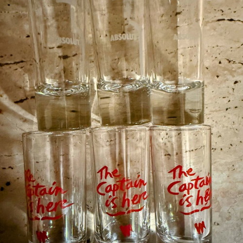 Set of 6 collectible Absolut Vodka & Kapten & Son shooter glasses new