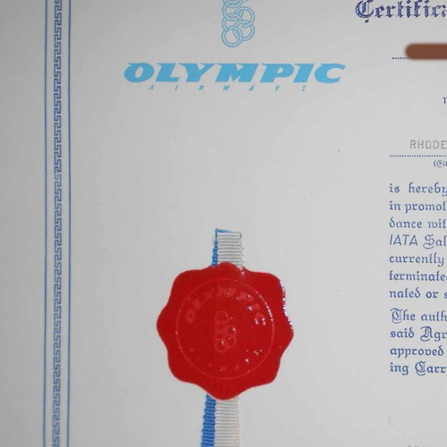 Olympic Airways Certificate of Quality Service used, 1968