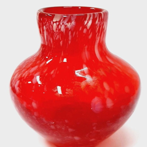 Ruby Red Glass Vase 1980s like new, white drops, 11 cm