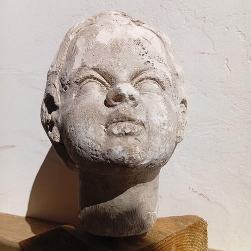 Plaster Head Sculpture on Wooden Base 23 cm, used
