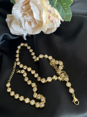Necklace and Bracelet Set with Shiny Zirconia, Gold Tone, New