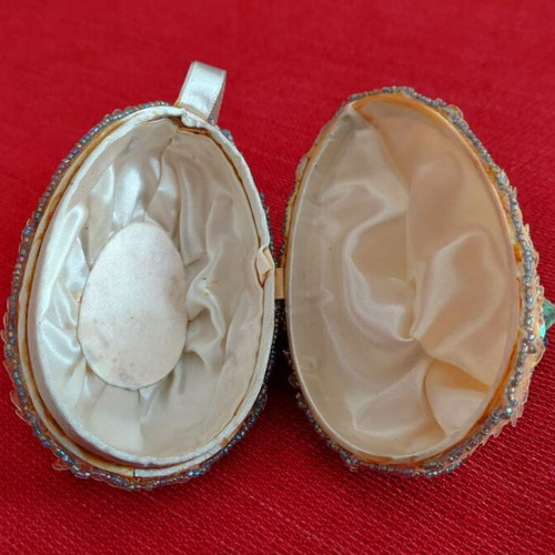 Handmade decorative egg like new with sequin embroidery and butterfly