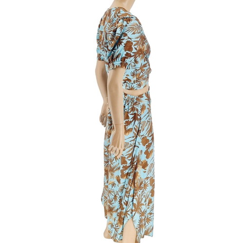 Silk set with wide palazzo pants and top, new, brown and turquoise