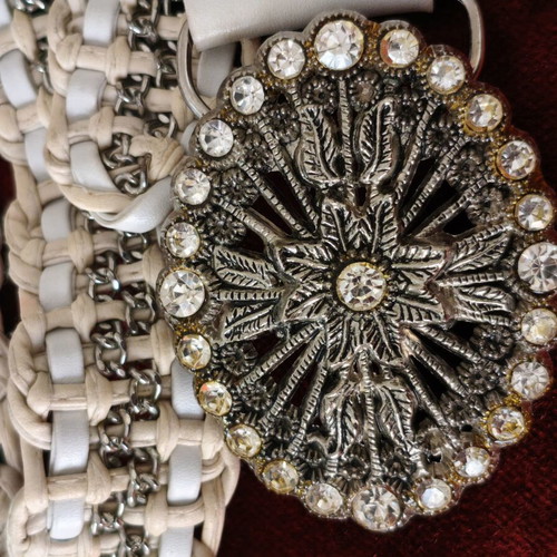 Wide knitted belt with chains and rhinestone buckle used, white and gold