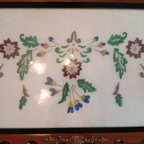Embroidered tray used with wooden frame and copper handles