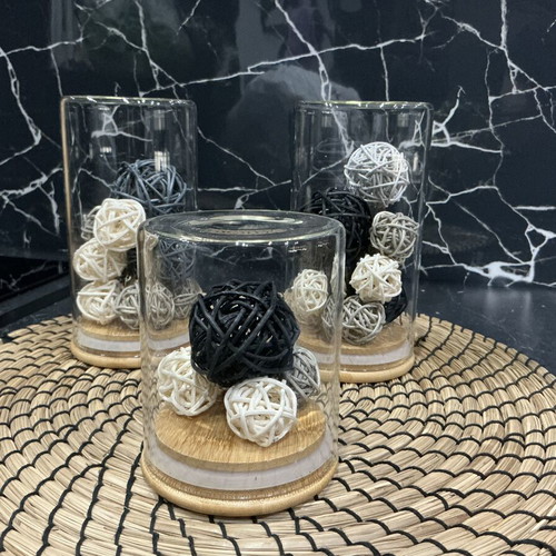 Set of 3 glass decorative vases with rattan balls like new
