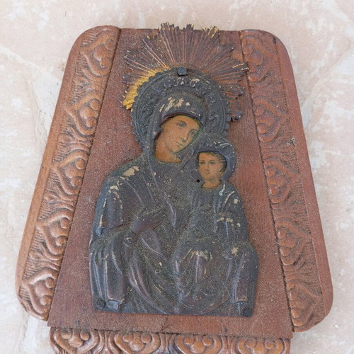 Wood and metal icon of Virgin Mary and Jesus used 12×17